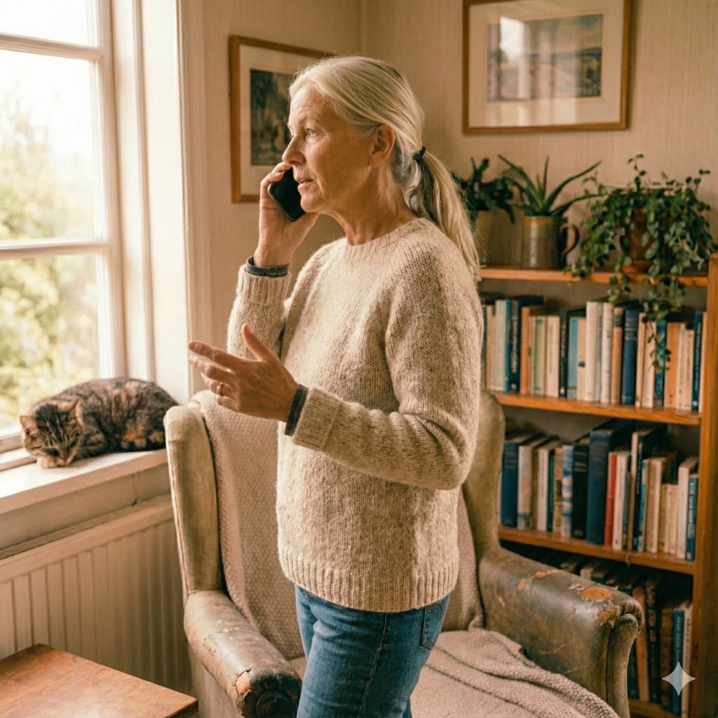 An older woman making a phone call by the window while her cat sleeps on the sill