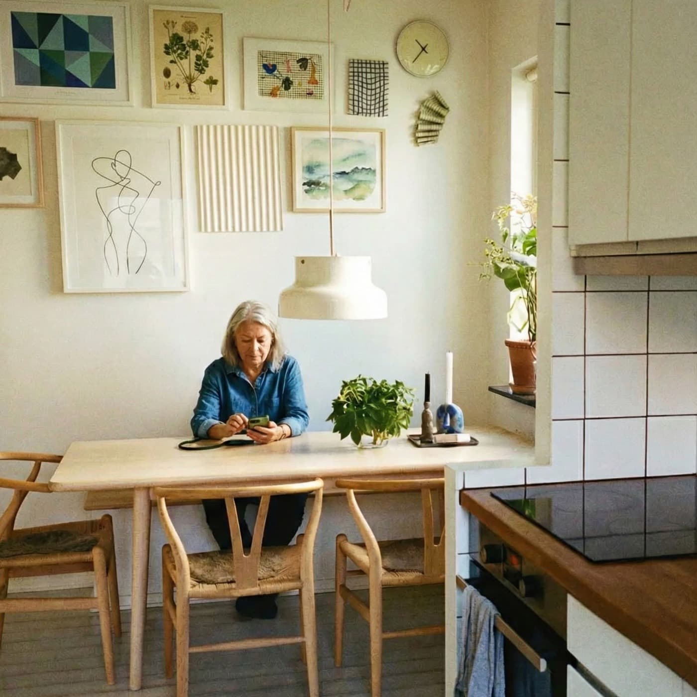 An older woman at her kitchen table with her phone, beneath a wall of framed pictures