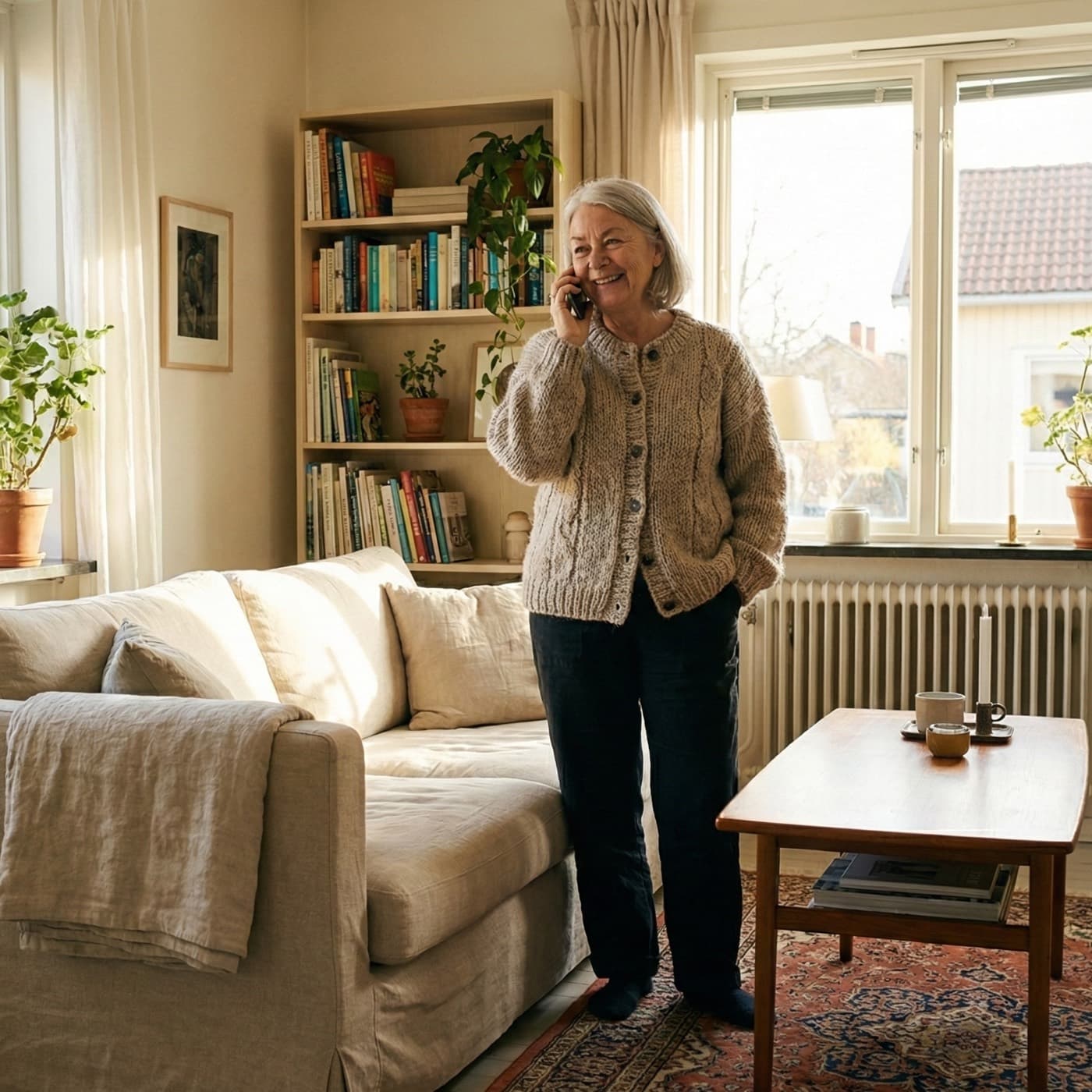 An older woman smiling during a phone conversation in her sunlit living room